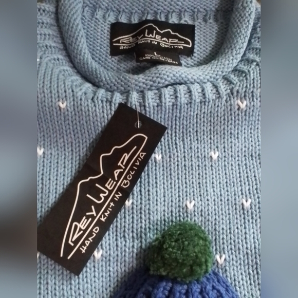 NWT Vintage REY WEAR Sz LG Blue Hand Knitted 3D SNOWMAN Holiday Sweater - Picture 4 of 4